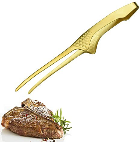 Stainless Steel Grill Tongs Korean Japanese BBQ Tongs Self-Standing Tongs Kitchen Cooking Utensils for Camping, Barbecue, Buffet, Salad ，Fish Steak, Bacon, Pasta (Golden)