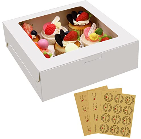 PHULWEL 15 Stück Cupcake Box, Weißer Muffin Transportbox Karton mit großem Sichtfenster, Einlage Patisserieschachteln Biologisch Abbaubar mit 3 Bögen Aufkleber(9er)