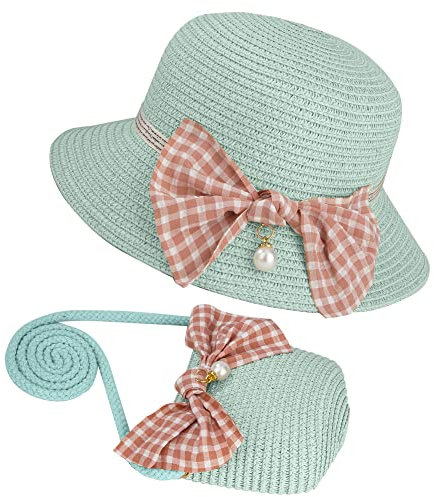 Cappello da Sole per Bambina Cappello di Paglia Cappello da Spiaggia Estivo e Mini Set di Borse con Decorazione a Fiocco per Viaggio Vacanze attività All'aperto (Verde Menta)