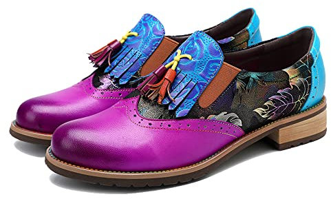 Damen handgefertigte Lammfell Oxford Loafers Schuhe mit Retro Ethno Printed Style Brock Design für Casual und Fashion Collegiate Style, Quasten: Violett und Blätter, 42.5 EU