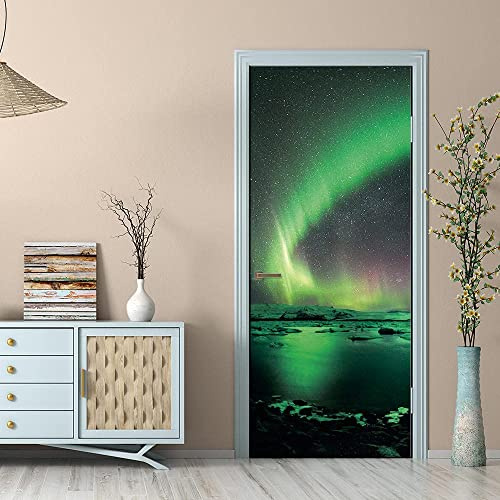 3D Türtapete Selbstklebend Türposter - Schöner Grüner Aurora-Sternenhimmel 77 X 200 Cm - Türaufkleber Fototapete Abziehen Und Aufkleben Türfolie Poster Tapete - Kinderzimmer Wohnzimmer Küche Schlafzi