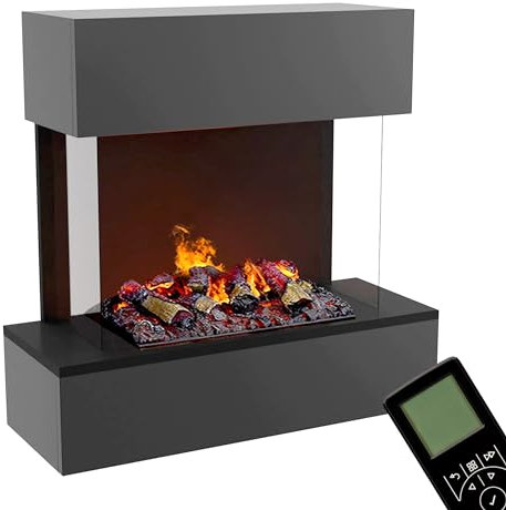 GLOW FIRE Wasserdampf Kamin HÖLDERLIN Sims (Wandkamin) - Elektrokamin für die Wand mit realistischen LED 3D-Flammen, Knistereffekt & Fernbedienung, 80x78x40 cm, Opti-Myst 500 mit Holz-Deko, Grau