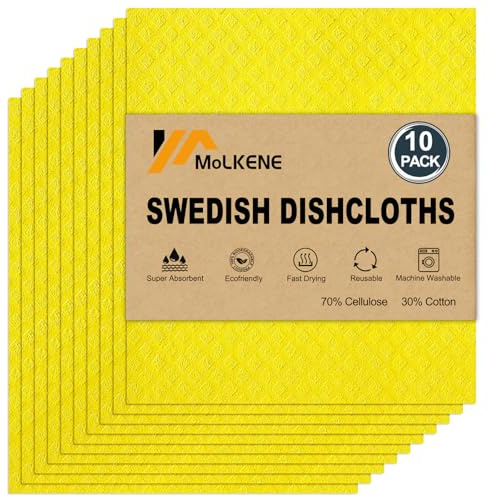 MoLKENE Swedish Dishcloths for Kitchen | 10 Pack Absorbent Cellulose Sponge Cloths Washable | Non-Scratch Reusable Paper Towels Quick Drying Cleaning Rag - Yellow