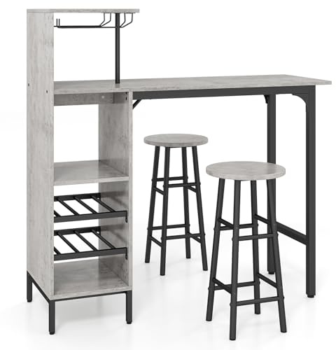 COSTWAY Set 3 Pezzi Tavolo e Sedie da Bar, Grigio | Tavolo e Sgabelli da Pub Industriale con Porta Calici e 6 Portabottiglie da Vino, Set di Tavolo per Sala da Pranzo Ristorante