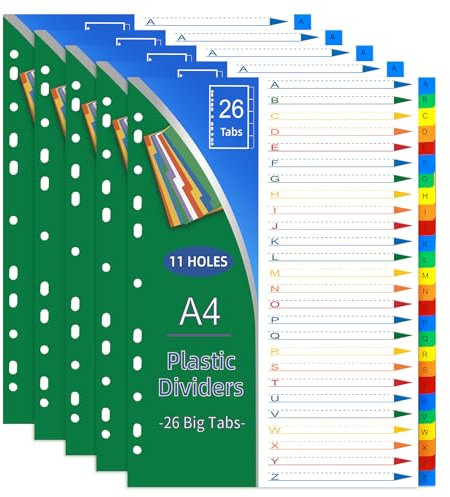 komstuon Ordner Register A4 mit 5 Stück, 26 Trennwänden, Pastellfarben, 11 Löcher, aus Kunststoff, wasserfest, für Büro und Schule