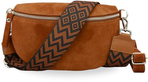 Brise Art SAHEL Suede Bauchtasche Wildleder Handgefertigt Crossbody Bag | Damen Umhängetasche, Echtes Wildleder, Schultertasche mit Ledergurt & wahlweise gemustertem Riemen, 2 Fächer, Made in Italy