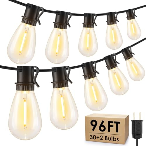 Larkvue 96FT LED Outdoor String Lights, 30+2 S14 Edison Bulbs, Black