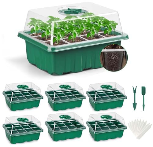 Feizeisun Seed Trays, 6 Pack 72 Cells Propagator Thicken Reusable With Lids for Seedlings, Plant Germination Kit for Greenhouse & Garden, Green