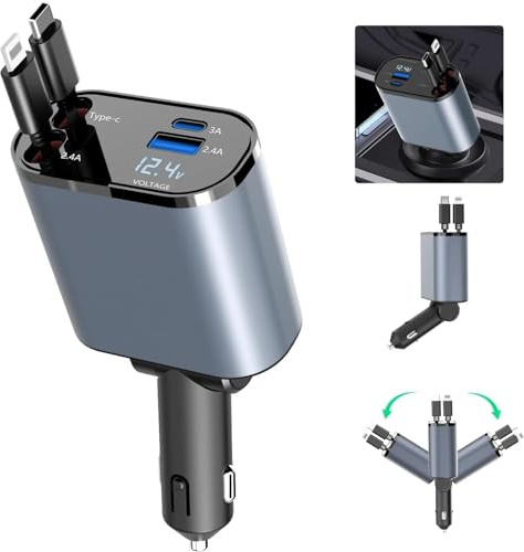 TKMARS Chargeur Voiture iPhone Allume Cigare USB C USB A Charge Rapide Max 86W 2 Câbles Retractable pour iPhone 15,iPad,Galaxy,Google - Chargeur Téléphone Portable Camion Camping-Car Automobile