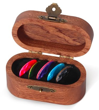 12 Stück Hochwertige Plektrum, Plectren Gitarre mit Nussbaum Plektrum Halter, Zelluloid Guitar Picks in 3 Stärken für Bass E-Gitarre, Ukulele, Akustikgitarre, Plektron für Gitarren Zubehör | Gitarren-Plektren-Halter, Mini-Schmuckschatulle, Geschenk für Gitarre und Bass