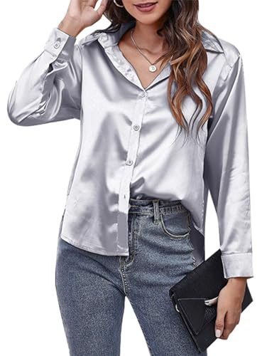 SEAUR Women's Satin Blouses Long Sleeve Shirts Button Down Casual Tops Silk Shirts Ladies M Gray