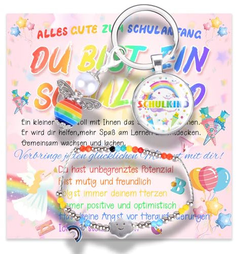 Einschulung Mädchen Geschenk, Schultüte Füllung, Schulkind 2024 Einschulungsgeschenke Inhalt Schultüte Mädchen, Glücksbringer Schulanfang, Bunte Engelsarmbänder Perle Schlüsselanhänger Grußkarten
