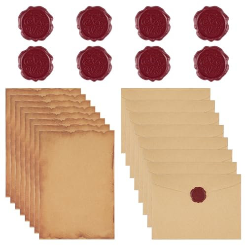Briefpapier mit Umschlag Set, Vintage Schreiben Set mit 8 Kraftpapier Umschläge, 8 A5 Briefpapier und 8 Wachssiegel-aufkleber, Liebesbrief, Briefpapier Edel, für Hochzeit, Geburtstag