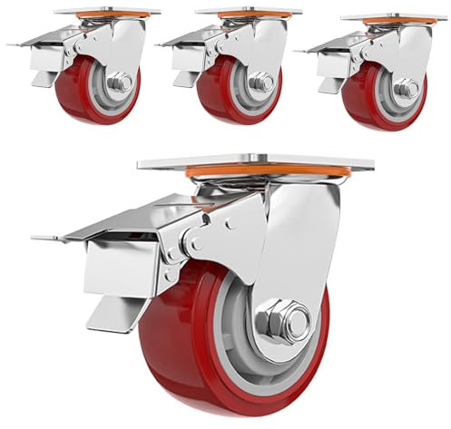 Leise Schwerlast Gummi Möbelrollen, Schwerlastrollen, Lenkrollen mit Bremse, 4 Schwerlastrollen zum Transport, Werkbank Rollen, für Wagen, Mobile Werkzeugkästen (Color : 4 caster (with brake), Size