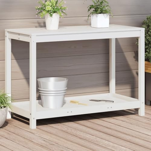 LAPOOH 832403 Pflanztisch mit Regal aus Kiefernholz, weiß, 108 x 50 x 75 cm, Gewächshäuser, Gartenarbeitsbank, Werkbank für Blumentöpfe, Gartentisch