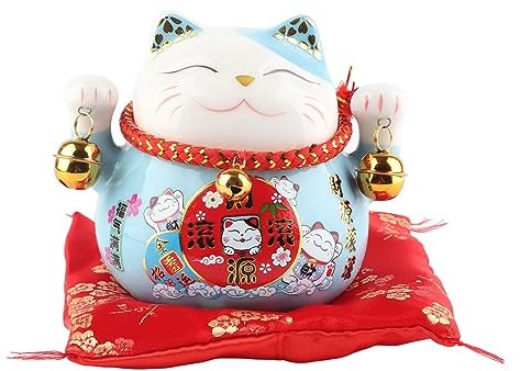 Glückskatzen Spardose 12 x 9 x 10 cm Japanische Deko Maneki Neko Keramik Glückskatze Spardose Feng Shui Münzbank Glücksbringer Kleingeld Spartopf für Schreibtischdekoration (Blau)