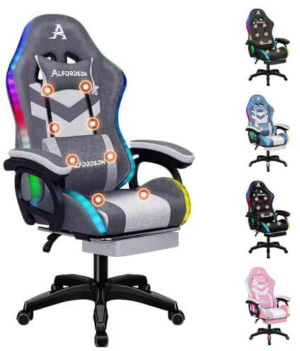 ALFORDSON RGB LED Gamer-Stuhl Massage Gamer Stühle Racing PC-Gaming-Sessel Bürostuhl ergonomisch Schreibtischstuhl Fußstützen, 180 kg belastbar, 90-150° Neigungswinkel, Stoff, Grau Spleißen | Gaming-Sessel aus Stoff Serie MARC, Rücken- und Lendenkissen mit Massage, Kopfstütze und Lendenwirbelstütze