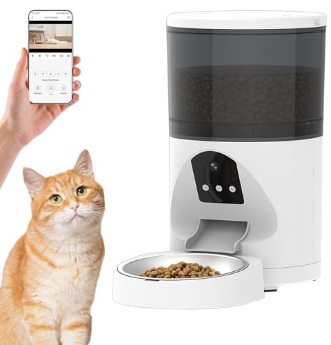 Distributore di Crocchette Gatti Cani WiFi, 6L Distributore Automatico Cibo per Animali Domestici con Telecamera,Orari di Mangiatoia Personalizzati,microfono e cassa Ultima Versione
