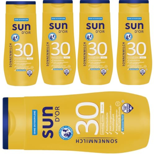 Sun D'Or Sonnenmilch Sonnenschutzmittel Sun UV Dry Protect Sport Sonnencreme LSF30 250 Mililiter x 5 STÜCK Mit Pufai Überraschungsgeschenk