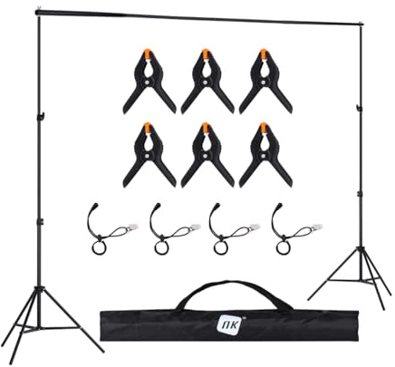 NK Support de Fond pour Photographie Professionnelle 2 x 3 mètres réglable et rétractable, 2 trépieds, 1 Barre transversale entrelacée, 6 Pinces, 4 Pinces latérales en Velcro, 1 Sac de Transport