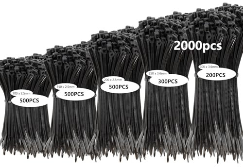 Armpow 2000 Stücks Kabelbinder Set - Schwarz, UV-Beständig, 100/150/200/250/300 mm, Selbsthemmend für Zuhause, Büro, Garten und Werkstatt