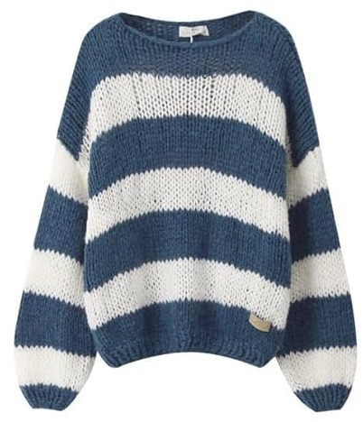 Yassiglia Y2k Pull rayé élégant pour femme - Pull en tricot surdimensionné - Automne et hiver - Manches longues - Coupe ample, bleu, M