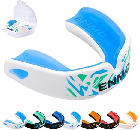 Enmo Maxilla Pro Gum Shield - Adult & Junior 10+ Mouth Guard with Case for Rugby, Boxing, Hockey and Contact Sports - Mouthguard with Boil & Bite, Breathing Channel Tech, Triple Layer - White/Blue