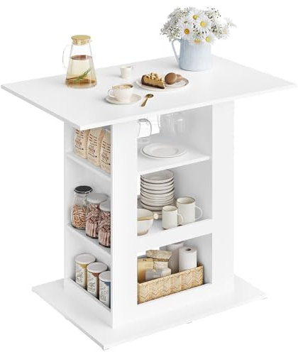 WOLTU Bartisch mit Stauraum, Stehtisch mit 2 Glashaltern, Esstisch für Bar Küche Wohnzimmer, Küchentheke aus Holz, Hochtisch 105x94x68 cm, weiß