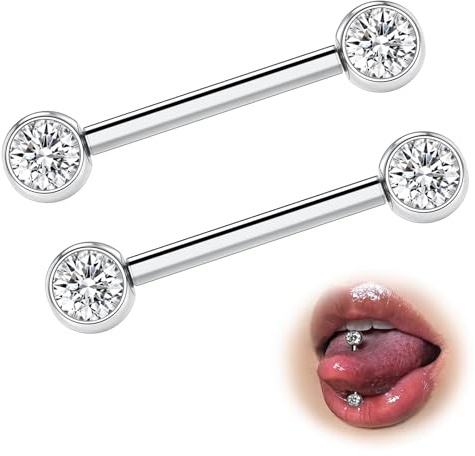 ESHIONER G23 Titanio Piercing de Lengua Piercing Pezón Piercing Pezon 14G 12mm Longitud 4mm CZ Barbell Piercings Rectos Piercing Joyería Mujeres Hombres 2 Piezas