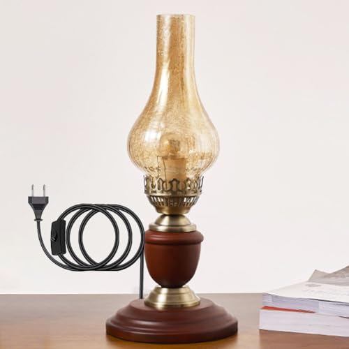 LOGT Holz Tischlampe Vintage Industriell Glas Petroleumlampe Retro Tischleuchten mit Kabelschalter E27 Fassung Nostalgie Kerosin Lampe Antike Traditionelle Dekorative Öllampe mit Riss Glas