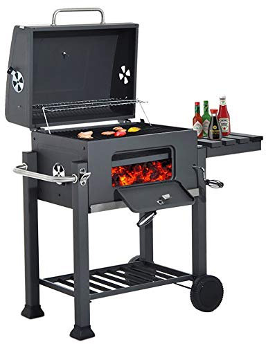 OHMG Grillwagen mit Holzkohle, Räucherofen, Grillrost mit Deckel, Heizrost, XXL-Holzkohlegrill mit Deckel, Rollen, Griff aus Edelstahl