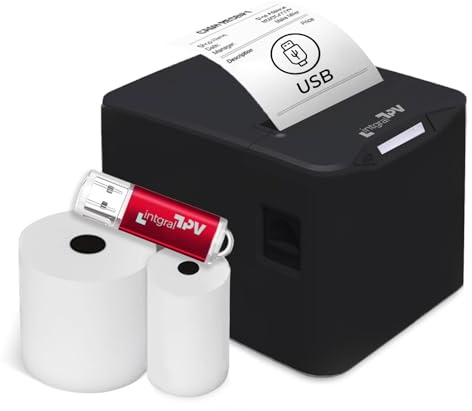 INTGRALTPV -8370 Thermodrucker für Belege/Tickets, 80 mm – Port/Anschluss: USB, RJ11 – Selbstschneidend – Windows, Linux, Mac – Extra Rolle und USB-Stick mit Treibern – POS (Schwarz)