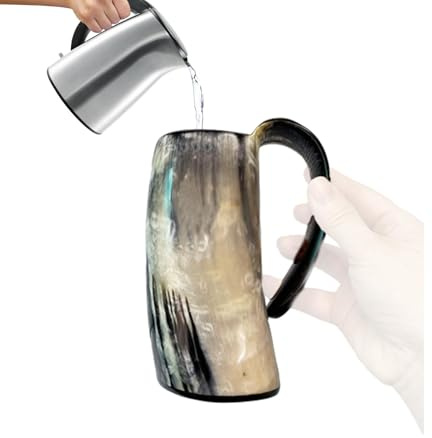 Zunishaone Jarra de cerveza de cuerno | Taza de bebida de cuerno natural – Copa vikinga rústica con asa, ideal para bebidas frías, hidromelel, regalo medieval, accesorio de fiesta histórica