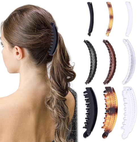 JSTHHTT 9 piezas banana clip, cabello de plátano, clip de cola de caballo, peines grandes vintage de plátano, pinzas pelo mujer, peine de cola de pez, para mujeres y niñas cabello grueso y rizado