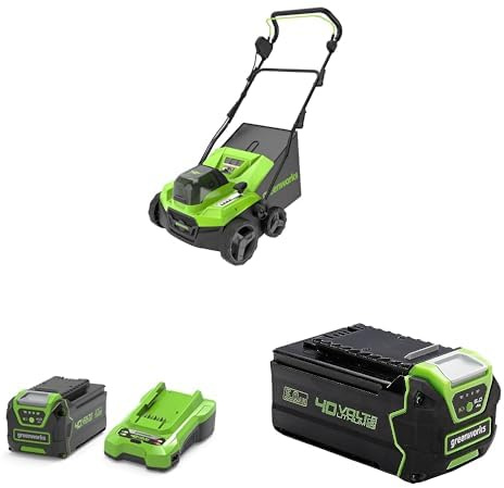 Greenworks Râteau Scarificateur Aérateur Gazon sans Fil Moteur sans Balai, 3100 TR/Min, Largeur Travail 38 cm, 5 Profondeurs, Bac Ramassage 45L,4Ah &5Ah Batterie 40V ni Chargeur, Garantie 3 Ans