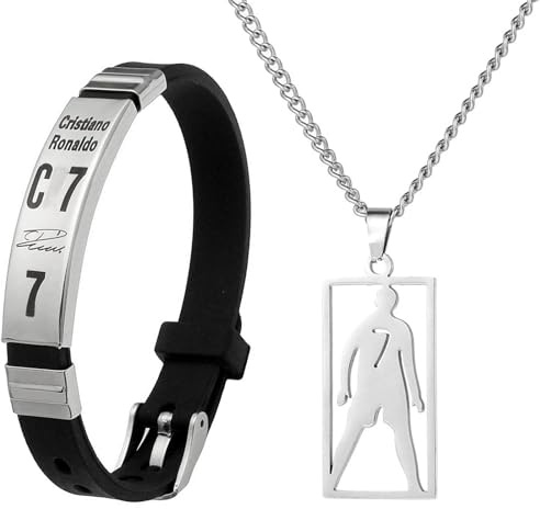 YUBBYSTU Football Bracelet Pendant Necklace Set, Adjustable Stainless Steel Necklace Silicone Football Bracelet for Men, Football Boy Gifts for Boys