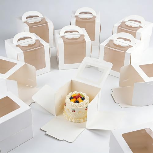 duisoad 10 Stück Tortenkarton 16 x 16 x 15 cm Pappe Kuchen Transportbox Weiße Tortenkarton mit Fenster für Geburtstage, Hochzeiten, Feste, Kuchen, Desserts