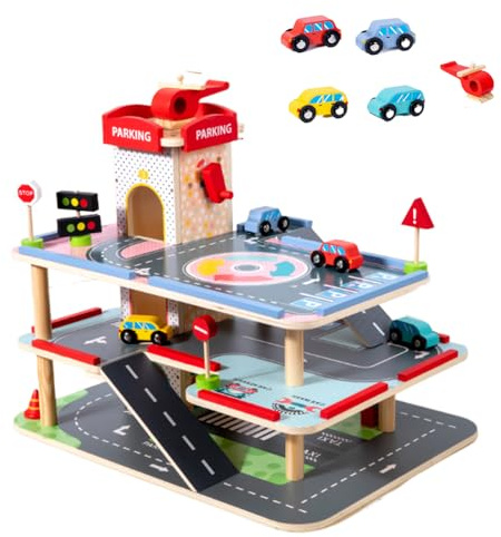 WRQIOO Parkhaus für Kinder, Parkgarage aus Holz, Kinder Parkhaus für Autos Holz, Holzgarage Auto Kinder mit 4 Autos & 1 Hubschrauber, 3-Stöckige Parkgarage mit Aufzug, 3 Verkehrsschilder