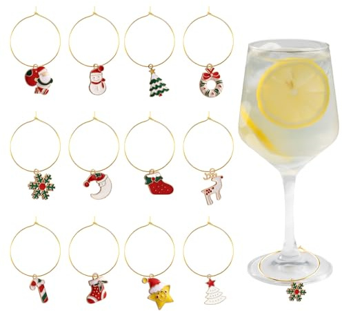 laveroar 12 Stück Glasmarkierer, Lustige Glas Markierung Trinkgläser mit Weihnachtsthema, Wiederverwendbar Markieren Weinglas Anhänger für Party, Wein, Cocktail, Champagner, Dekoration