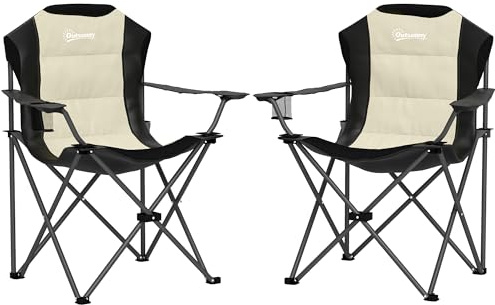 Outsunny Set di 2 Sedie da Campeggio Pieghevoli con Schienale Alto, Portabicchieri e Borse da Trasporto, Sedie per Esterno in Metallo e Tessuto Oxford, per Giardino Spiaggia Picnic Esterni, Crema