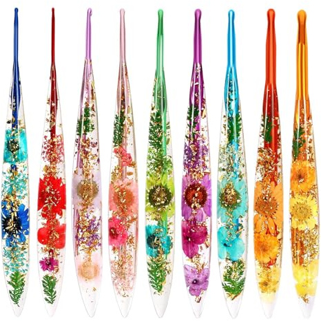 Häkelnadel Set, 9 Stück Ergonomische Häkelnadeln, 2.0 Mm - 6.0 Mm Mit Bunte Floralem Harzgriff, Crochet Hooks Für Anfänger Kinder