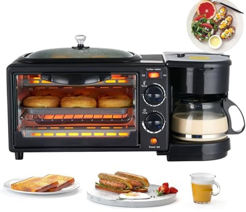 Máquina de desayuno portátil, estación 3 en 1, con cafetera, sartén antiadherente, máquina versátil, horno tostador temporizador 30 minutos