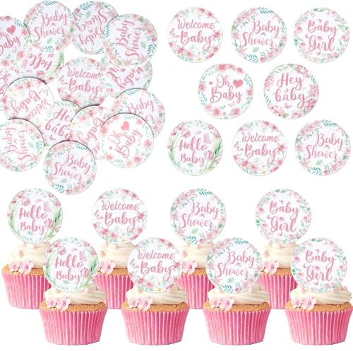 SYKYCTCY 60 Pack Edible Boy or Girl Cupake Toppers Edible Welcome Baby Gender Reveal Cupcake Decoration Baby Shower Party Decorations Supplies