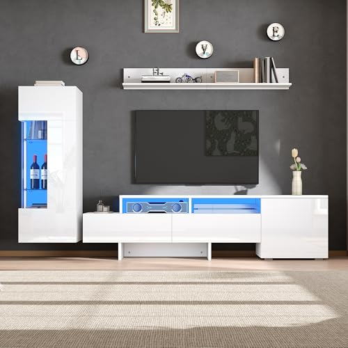 Kebnor TV Wohnwand Set 3-teilig, Hochglanz TV Wohnzimmermöbel-Set mit LED, modernes TV-Schrank,stehend und hängend, Acryl-Schranktüren, Glastrennwand, Weiß, TV bis 70' (Weiß 2)