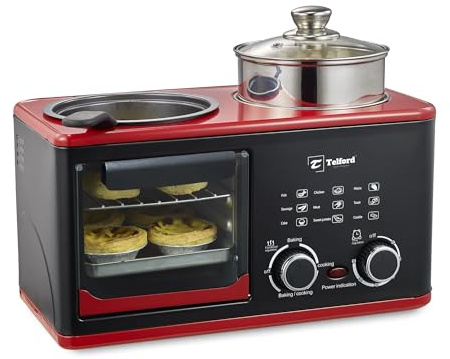 Telford 4 in 1 Breakfast Maker, 1200 Watts Multifunctional Cooking Station with 8L Oven, 1L Steamer Pot, Non-Stick Frying Pan (Black & Red) (Black & Red)