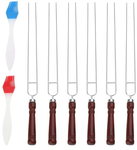 Bwuikim 6 tenedores de acero inoxidable en forma de U para barbacoa, pinchos de doble punta, herramientas para barbacoa, mango de madera, tenedores para asar, pinchos de acero inoxidable