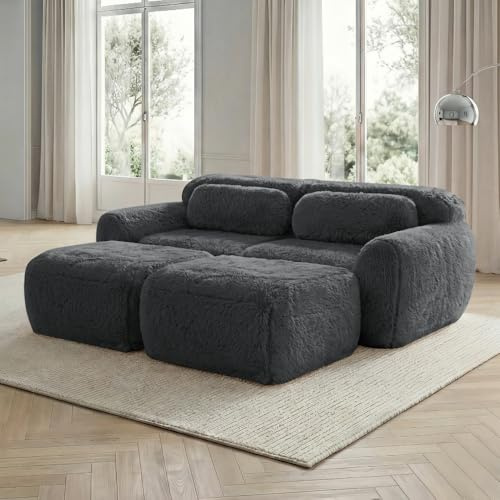 Hmluxury Modulares Schlafsofa mit 2 Ottomans, Weicher Flauschplüsch-Stoff, Boneless Cloud Sofa, Zweisitzer-Sofa, Montagefrei, Bequemes Wohnzimmer-Sofa in Grau