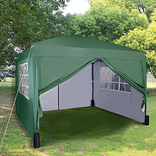 Pop-up Gazebo 3m x 3m with Sides 4 Weight Bags & Silver Protective Layer Waterproof Marquee Canopy WS (Green)