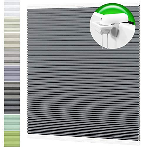 HORIVERT Wabenplissee Dunkelstahl 100x200 cm (B x H) mit Klemmträgern, mit Eco Dichtungspads, ohne Bohren, Doppelplissee | Plissee| Faltrollo, Weiße Rückseite, Klemmfix, leichte Montage mit Video
