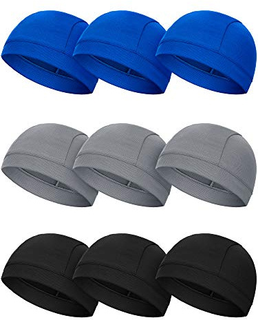 SATINIOR 9 Pcs Skull Caps Helmet Liner Beanie Mesh Under Helmet Cycling Motorcycle Hard Hat Sweat Liner for Men Women(Grey, Dark Blue, Black)